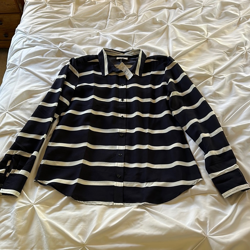 Loft Navy Blue/ White Striped Button Up Blouse (M) NWT